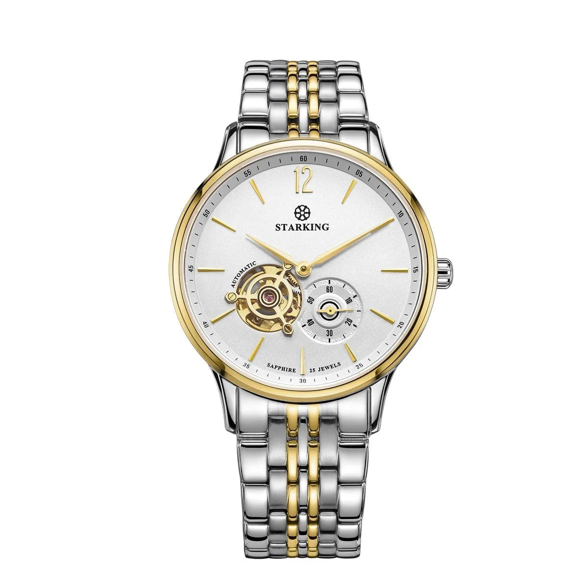 Automatic mechanical men's business watch with hollow three-needle dial on brown leather strap
