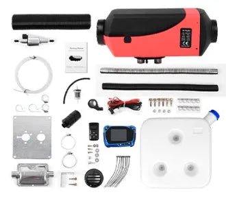 Red and black diesel air heater unit with fuel tank and installation components for vehicles