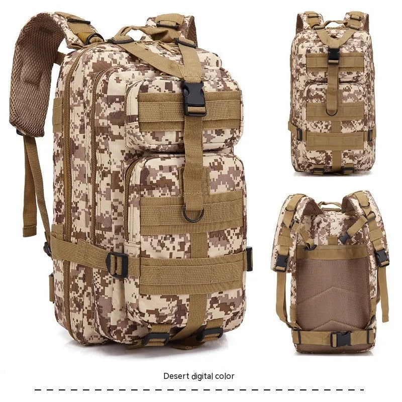 Large khaki Oxford cloth hiking backpack with air pillow belt system, shown for mountaineering use.