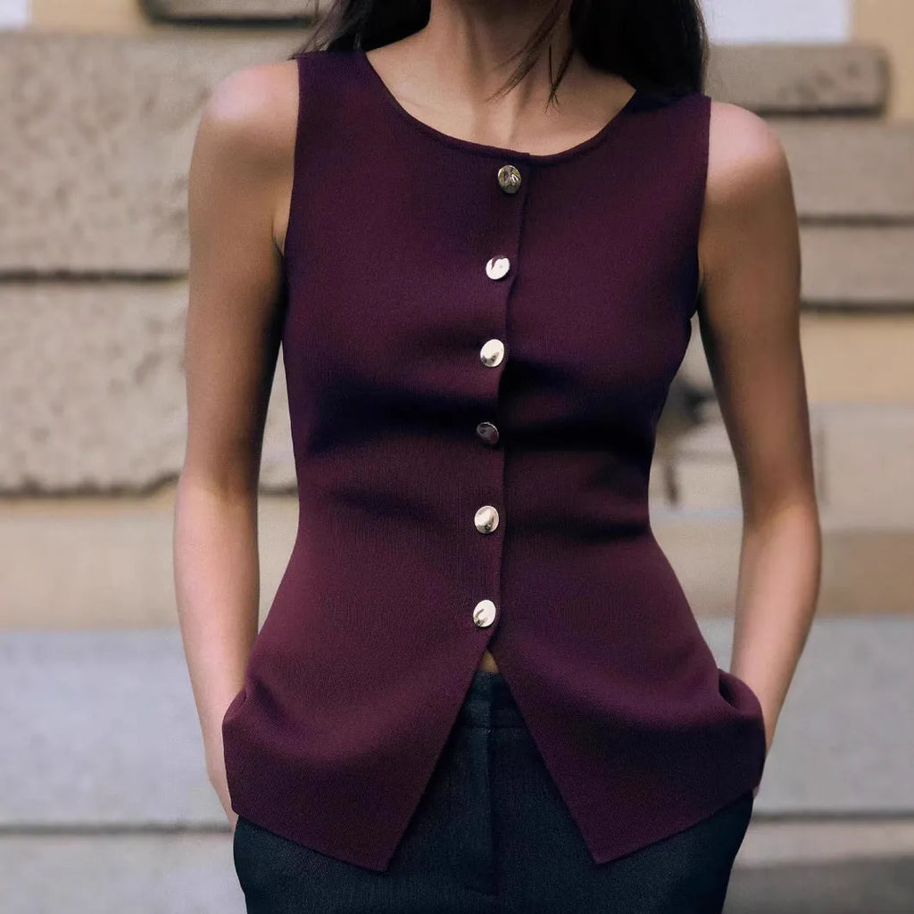 Dark red slim-fit cardigan vest with gold buttons and a 3D textured pattern, laid flat.