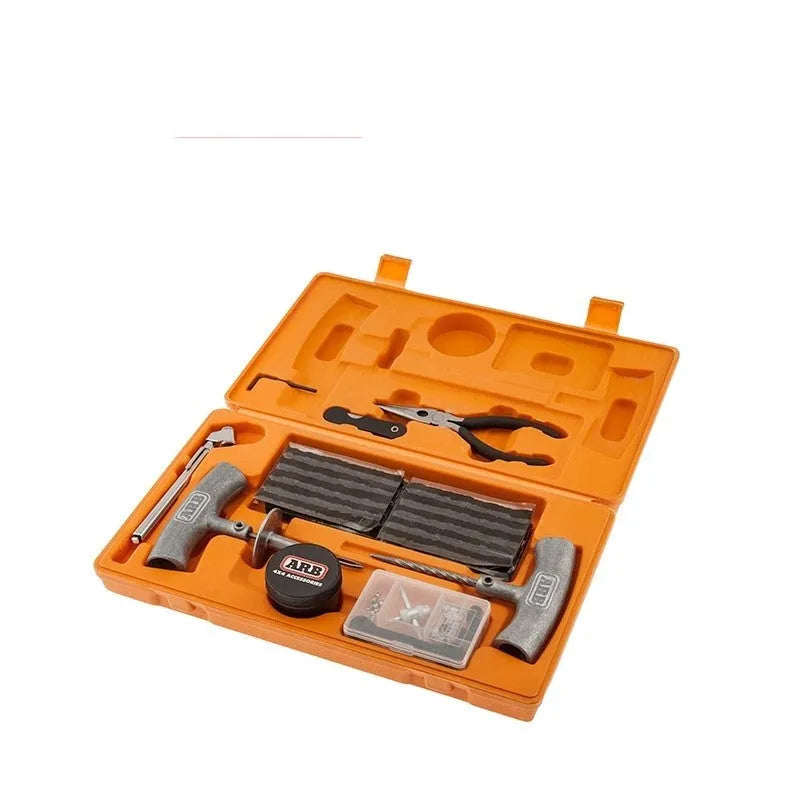 Emergency rubber strip tyre repair tool set in high-visibility case with tyre pressure gauge and repair tools