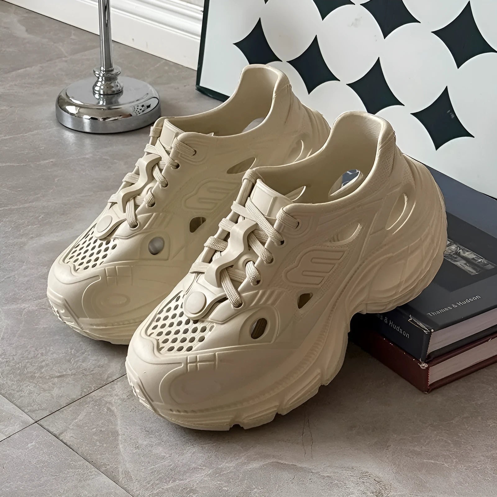 Women's breathable EVA hollow-out casual sandals in white and khaki with lightweight sole