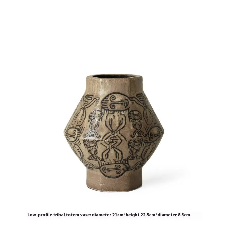 Hand-painted ceramic cylindrical table vase with carved vintage art and religious patterns
