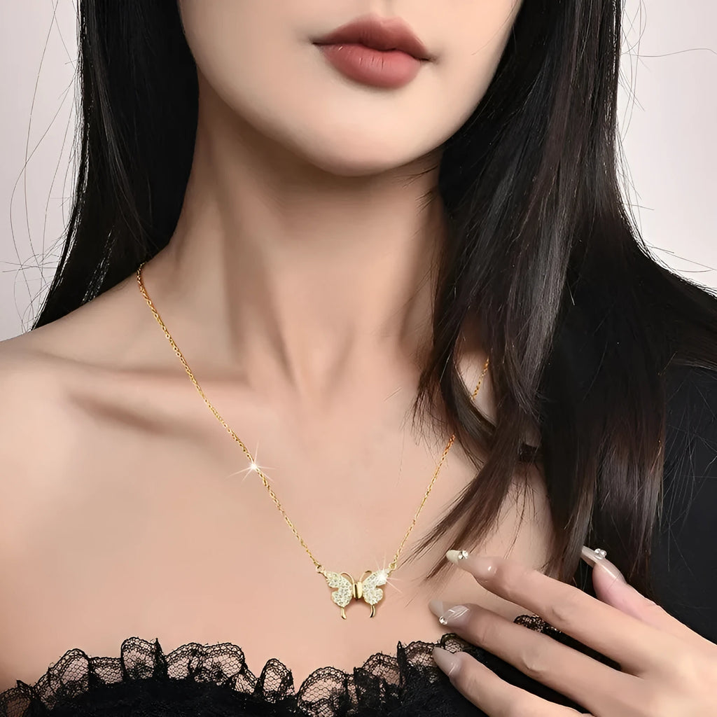 Gold titanium steel butterfly necklace with magnetic clasp and twisted chain