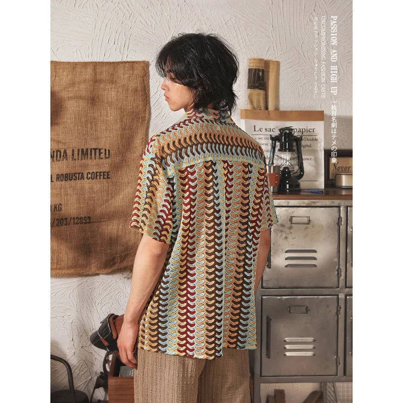 Japanese style men's Cuban collar short sleeve shirt with patterned jacquard fabric in grey colour