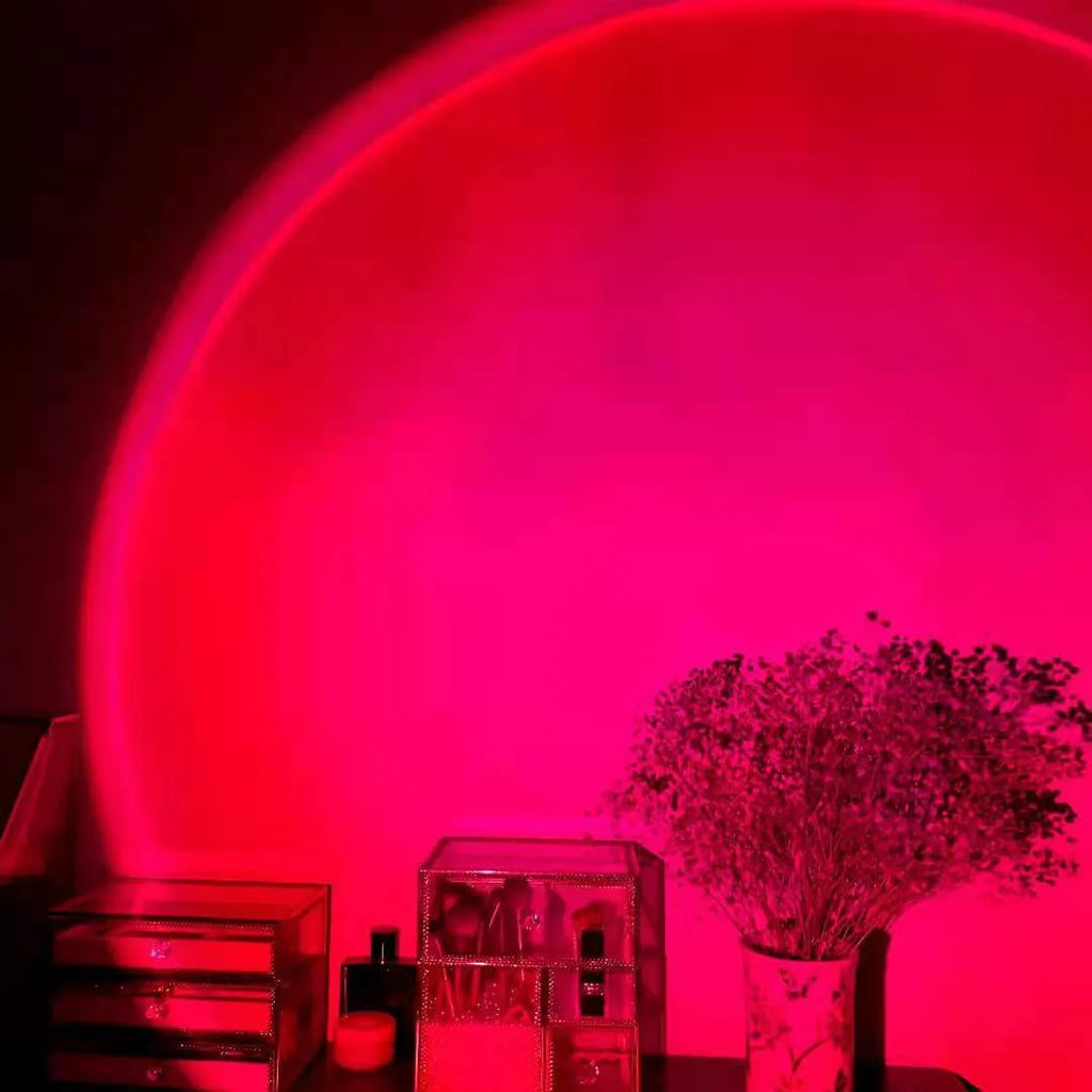 Red rainbow sunset projection lamp with USB cable and push button control