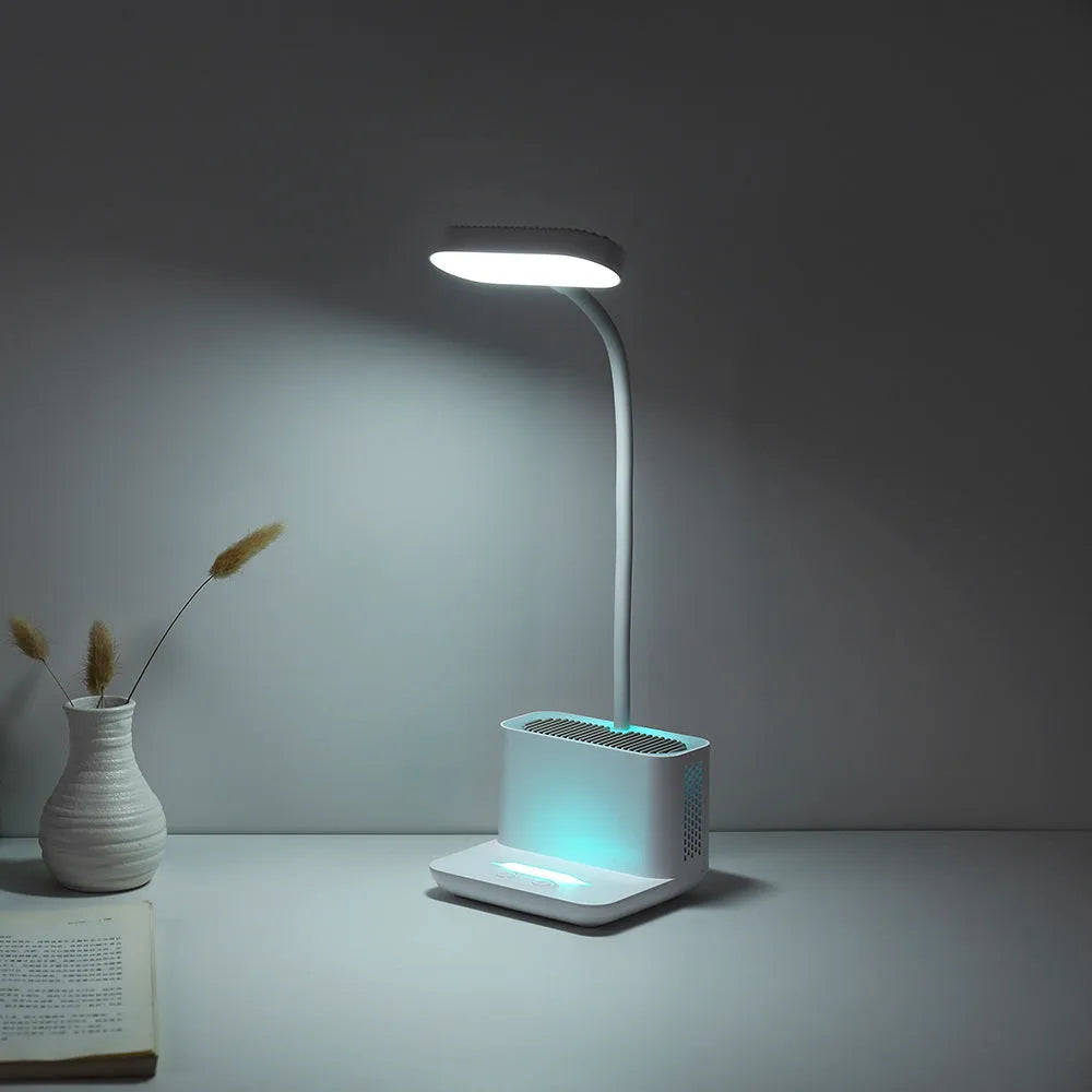 Negative ion air purifier desk lamp with LED lighting, plastic shade, portable design, white colour option