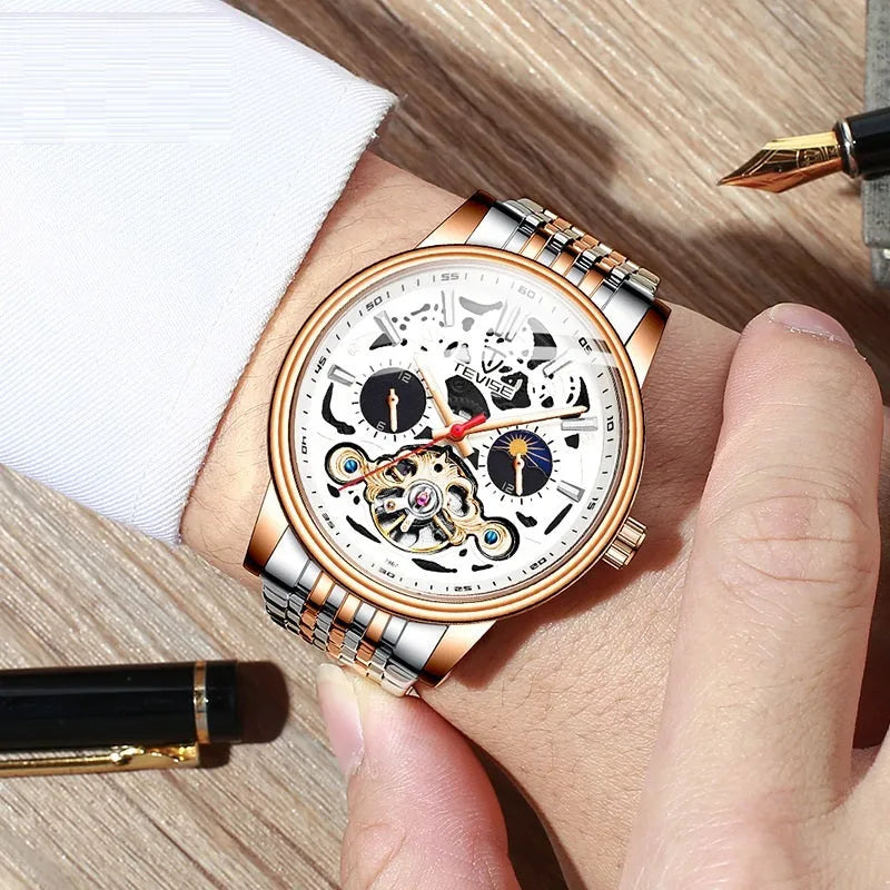 Men's black dial tourbillon mechanical watch with luminous hands on a leather strap