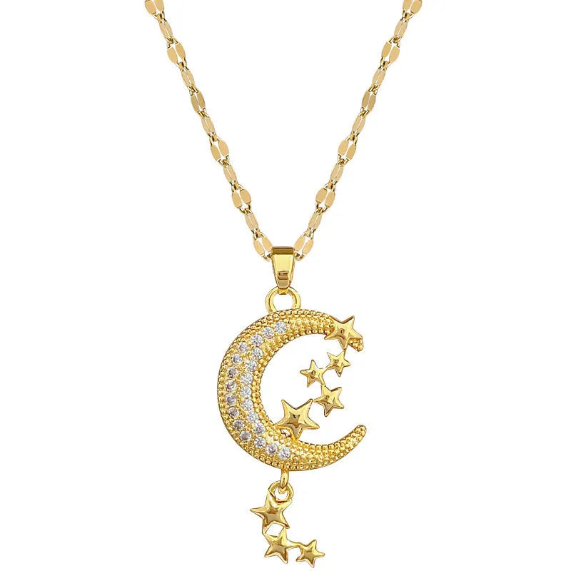 Moon diamond necklace with copper geometric pendant on stainless steel tassel chain