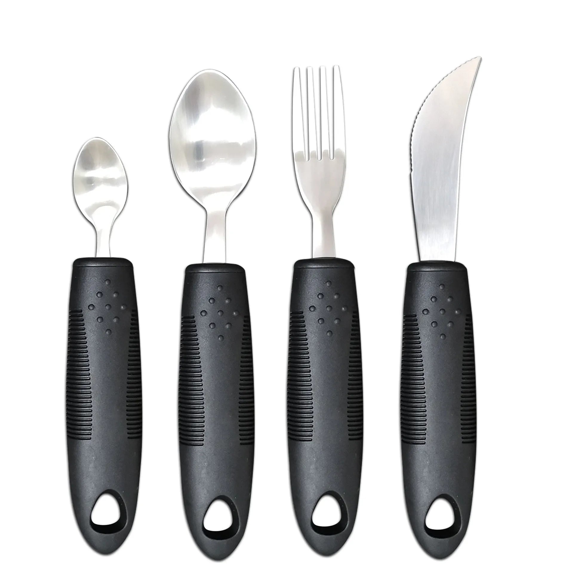 Stainless steel anti-shake cutlery set with rubber handles for adult mealtime assistance