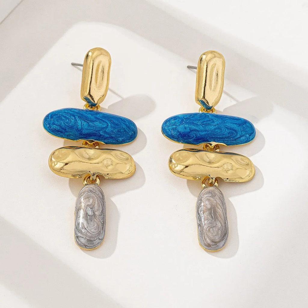 Geometry shape stud earrings with electroplated multicolour finish on zinc alloy