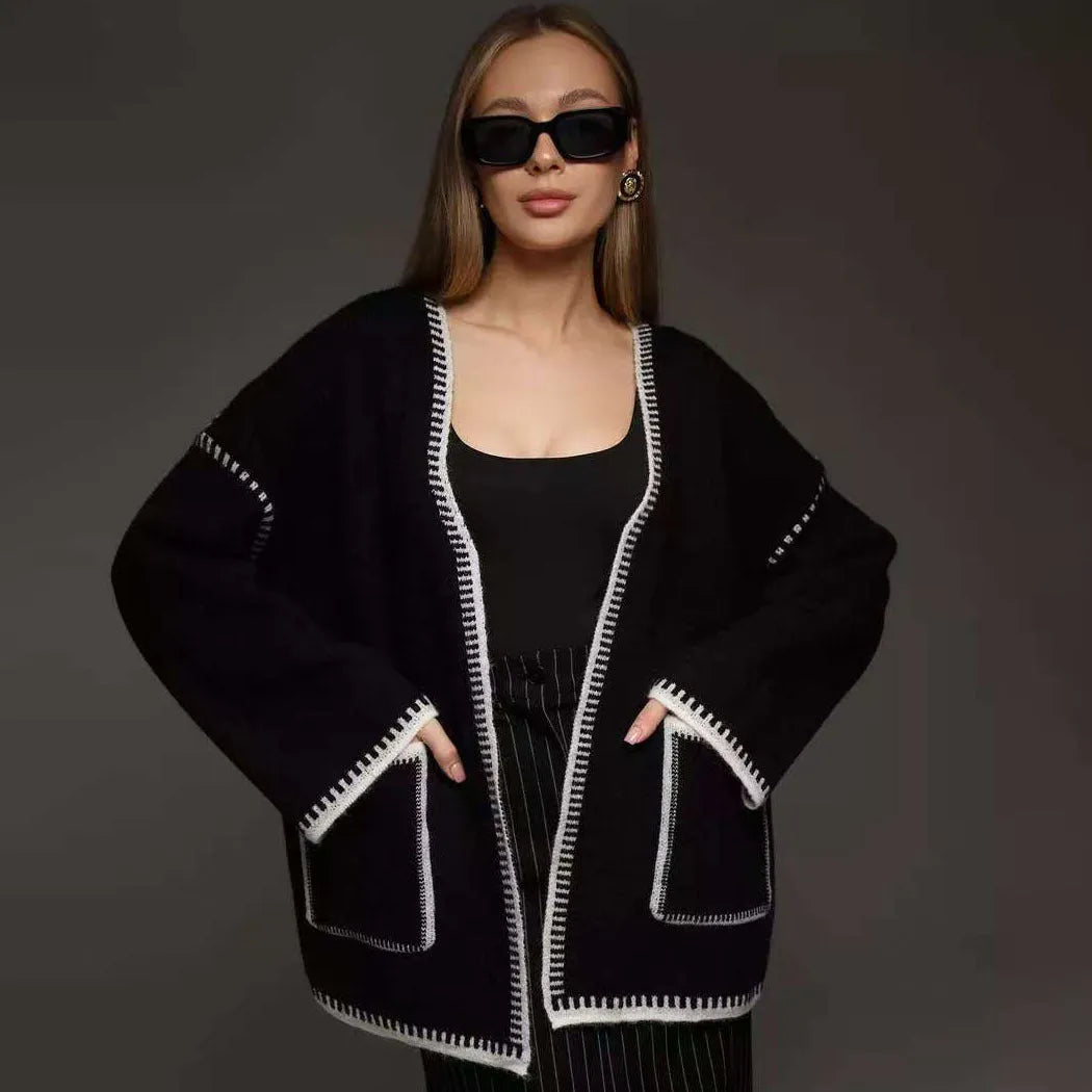 Lace-up front knitted cardigan in black camel or white colours with loose fit and long sleeves