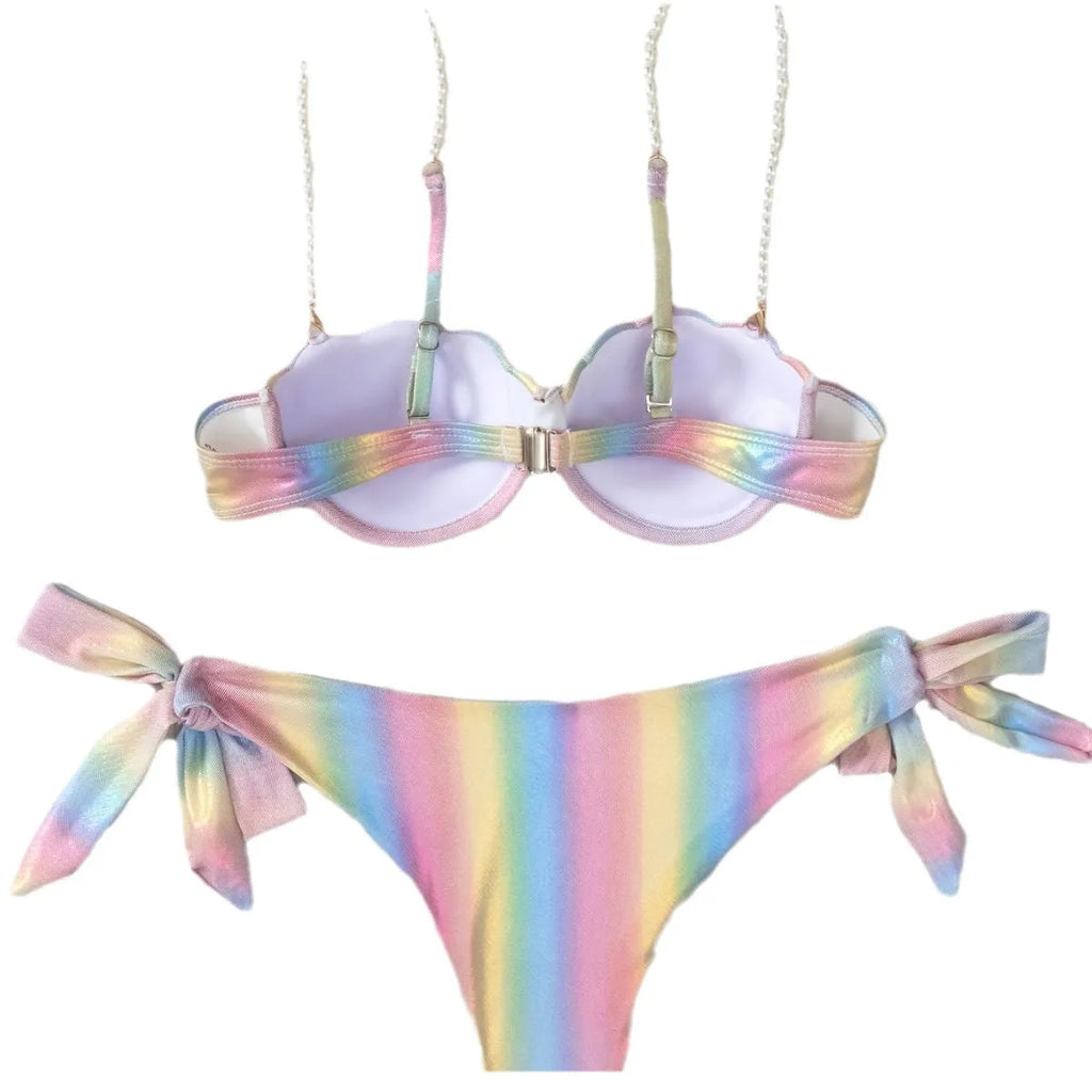 Women's rainbow coloured split tied bikini swimsuit set on a mannequin.