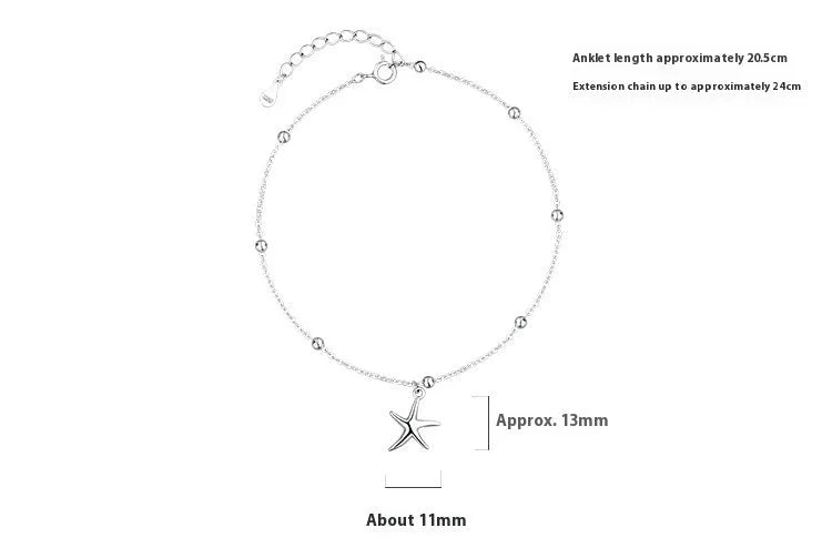 S925 sterling silver anklet with starfish charm and round beads on adjustable chain