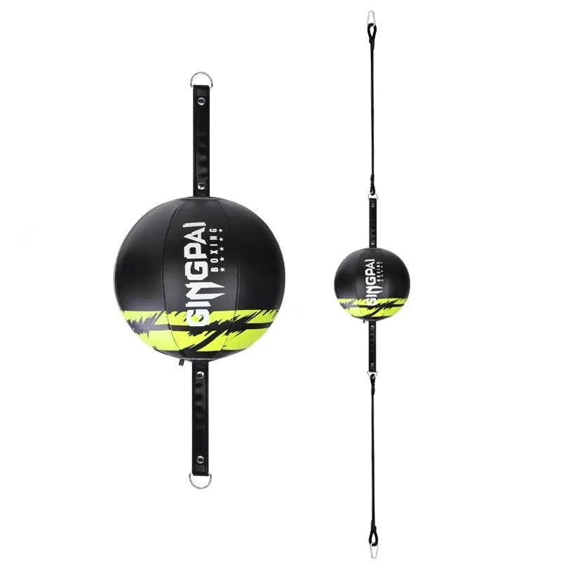 Black and green PU hanging boxing speed ball for reaction training.