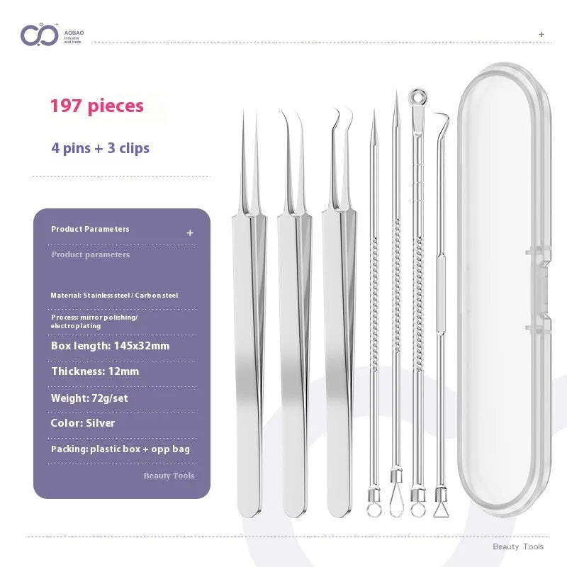 Four silver metal acne needles with ultra-fine pointed tips for skincare extraction.