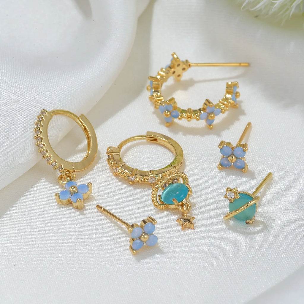 Japanese Korean style flower earrings with zircon mosaic on copper in gold and silver colours