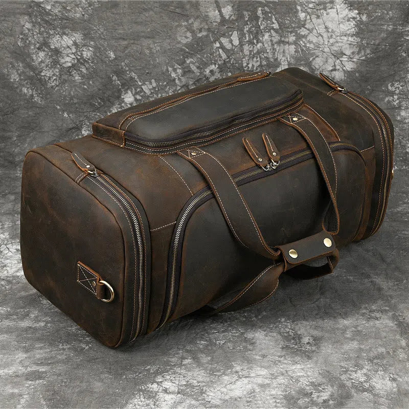 Men's genuine leather handbag large-capacity crossbody bag dark brown full-grain cowhide stitched seams