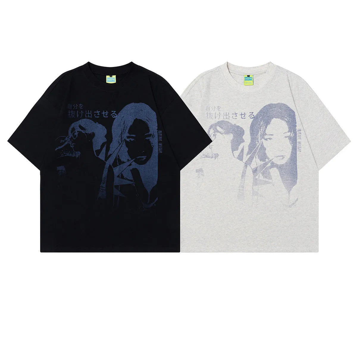 Men's black and grey retro character design short-sleeved cotton T-shirt shown in loose fit.