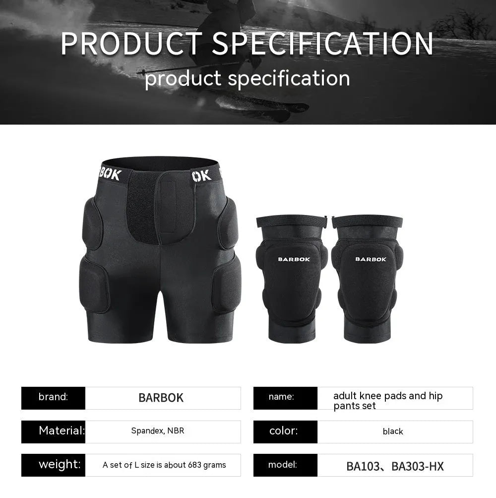 Black spandex hip protection pad pants with built-in grey NBR shock-absorbing pads for skating and skiing