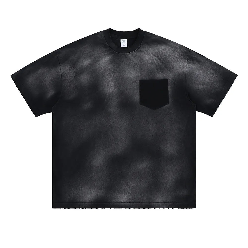 Men's black cotton T-shirt with white printed letters pattern and drop-shoulder sleeves