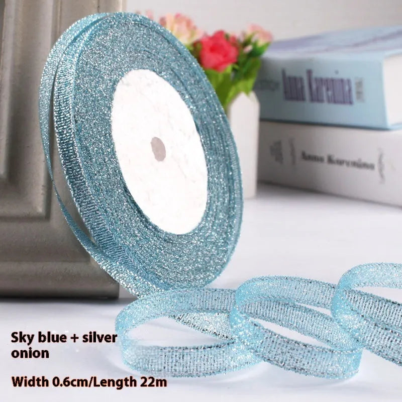 Roll of narrow 0.6cm wide polyester decorative ribbon in multiple colour options including metallic finishes