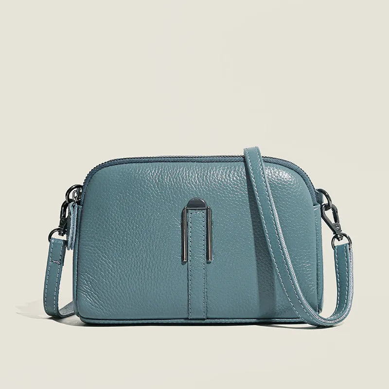 Genuine leather women's shoulder bag in horizontal square shape, shown in one of five colour options.
