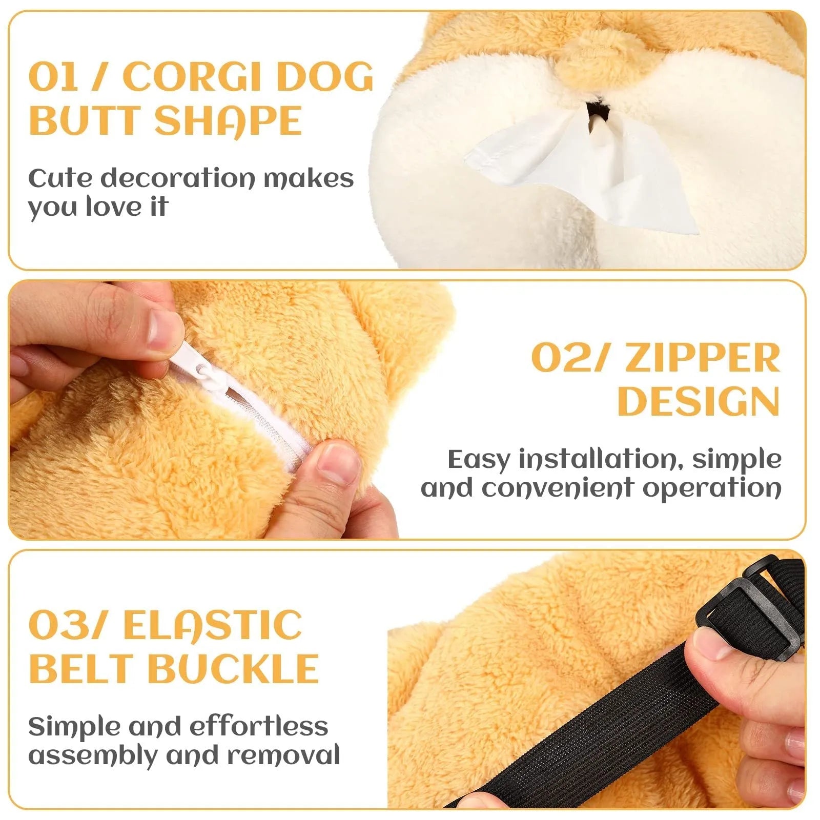Yellow corgi butt shaped fabric pouch for holding a tissue box, shown with elastic strap for hanging.