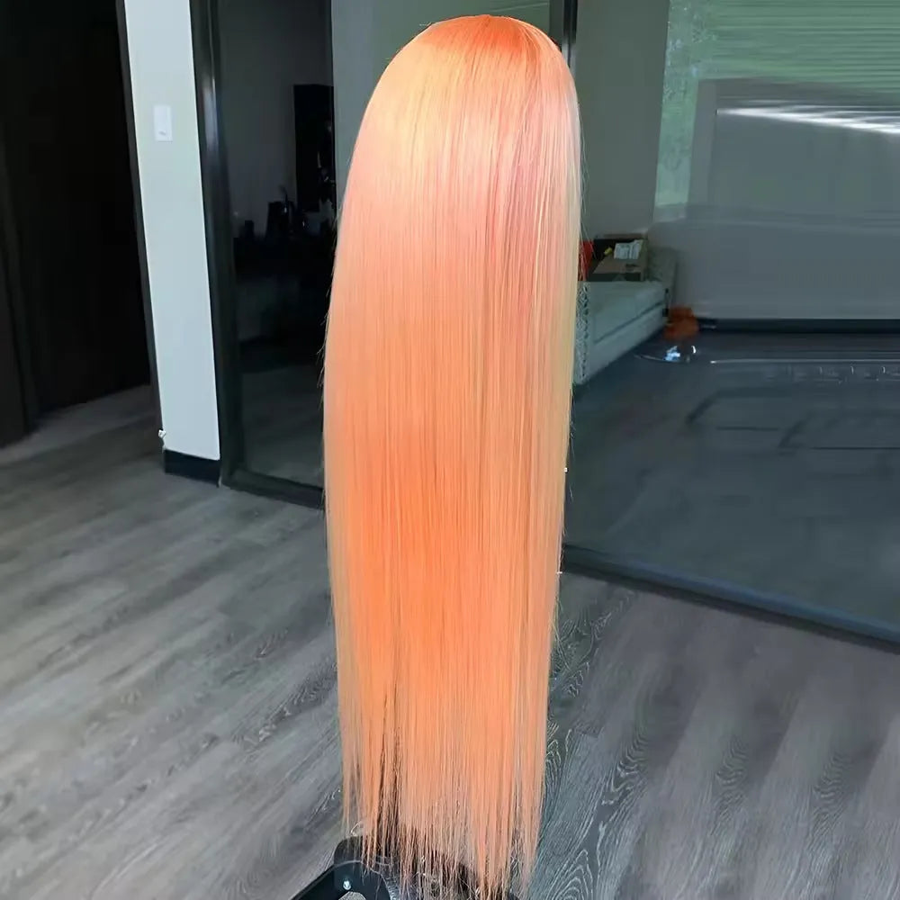 Light orange long straight front lace synthetic wig shown with side bangs