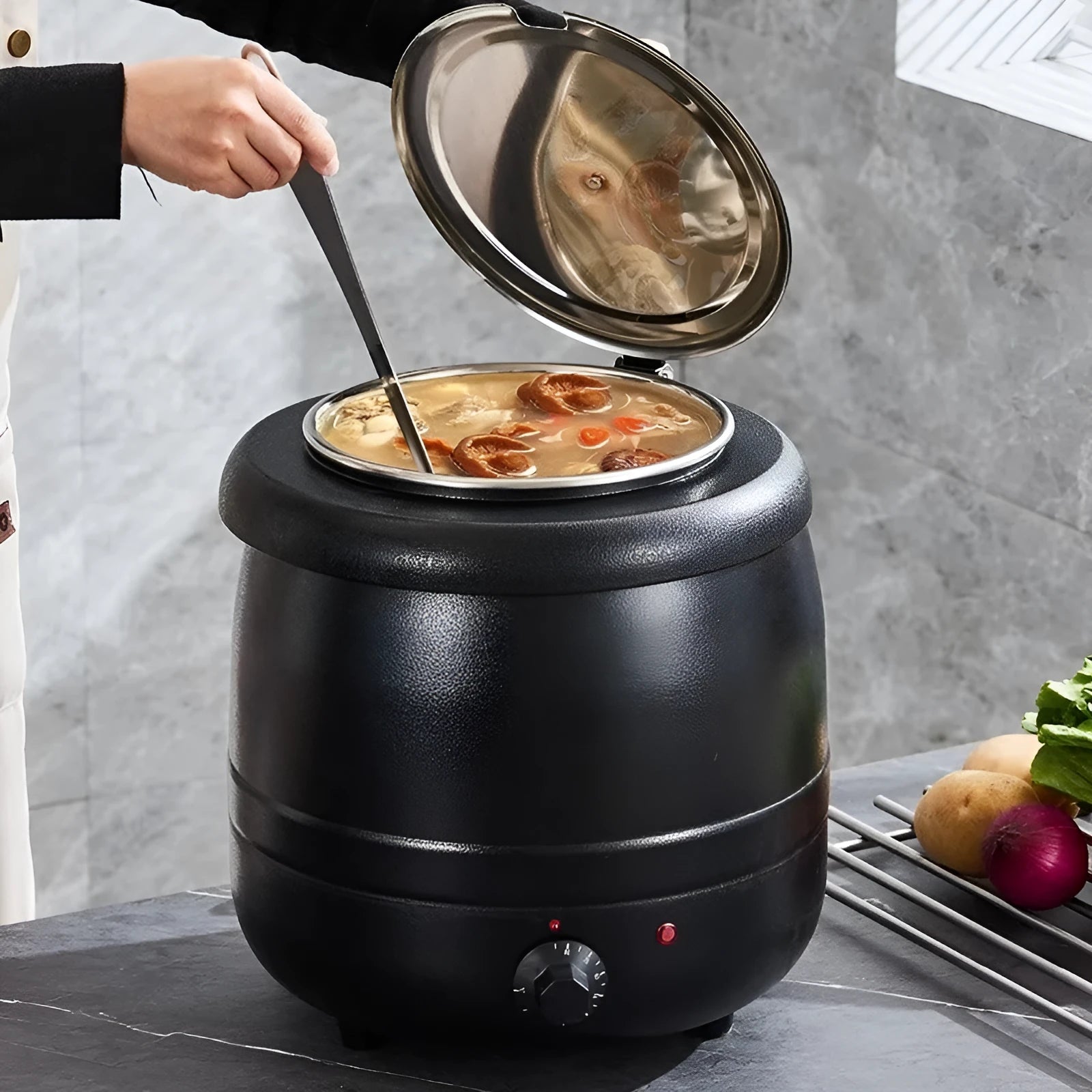 Black stainless steel 10L electric heating insulation pot with large mouth opening and steel cover
