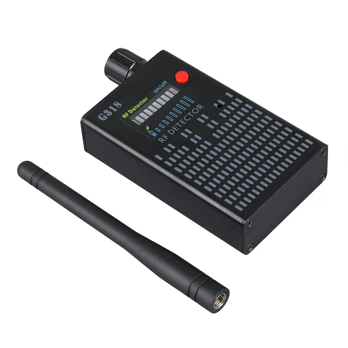 Black G318 aluminium alloy anti-theft camera detector with data cable.