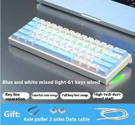 Bluish-black 61-key mechanical keyboard with hot-swappable switches on a desk
