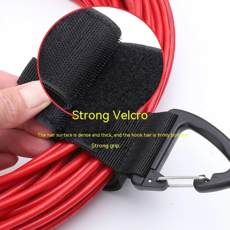 Black climbing button carabiner storage strap showing three size options for garage and outdoor organisation