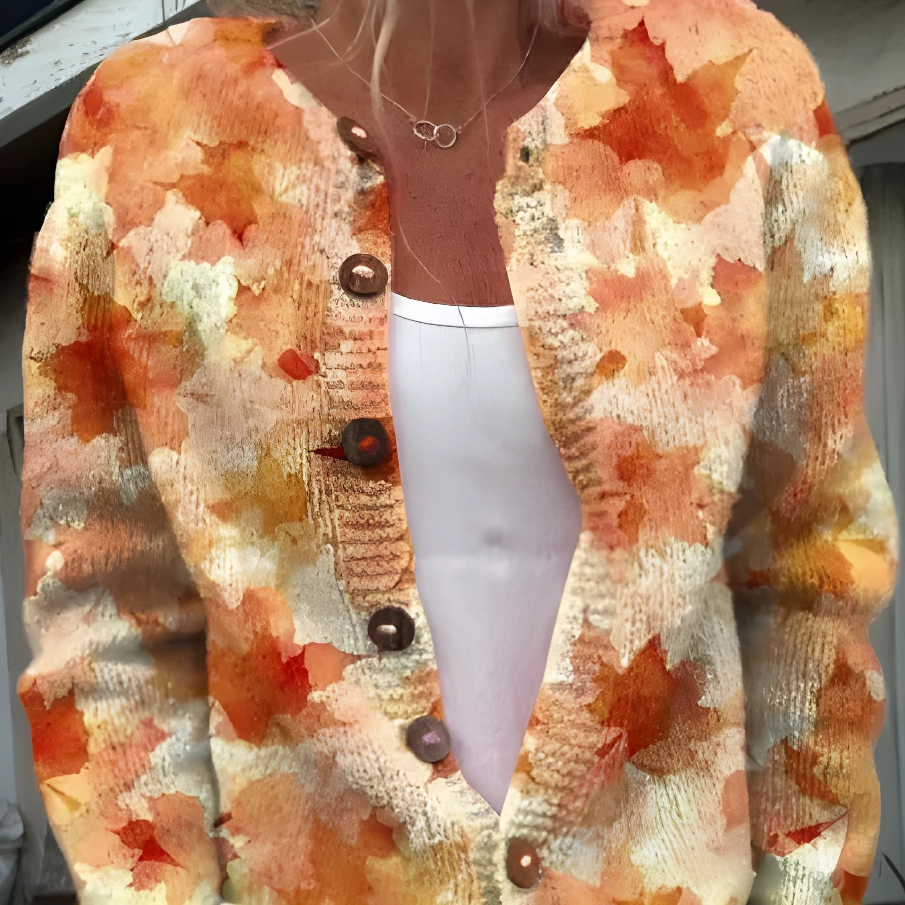 Yellow digital printing cardigan knitted coat with 3D effect pattern, regular sleeves, gentle style
