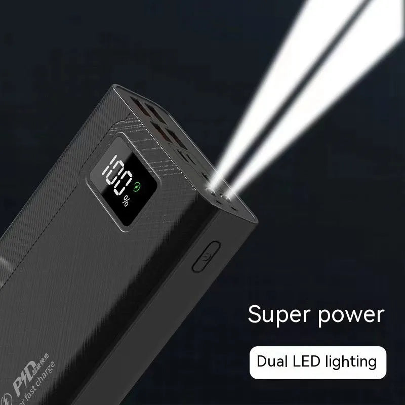 Large black and white plastic power bank showing size comparison and capacity options from 20000mAh to 50000mAh.