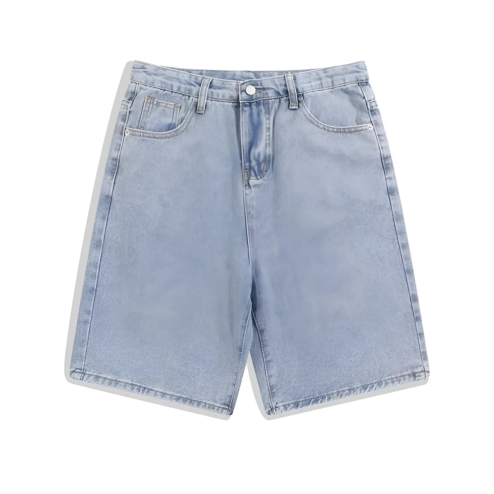 Men's light blue denim shorts with straight legs and a zipper fly on a mid-rise waist.