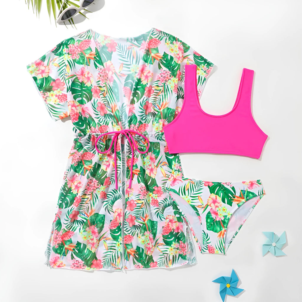 Girls' floral print two-piece swimsuit in briefs style for swimming sports