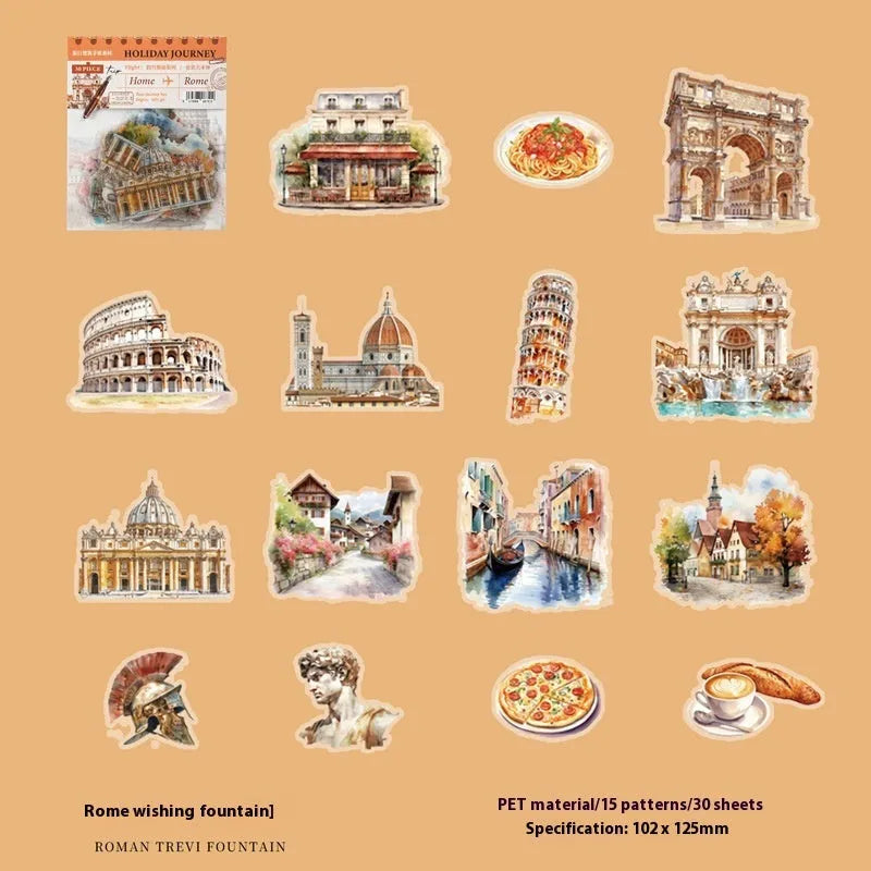Architecture journal stickers with London Big Ben, Paris Arc de Triomphe and four other landmark designs in retro style