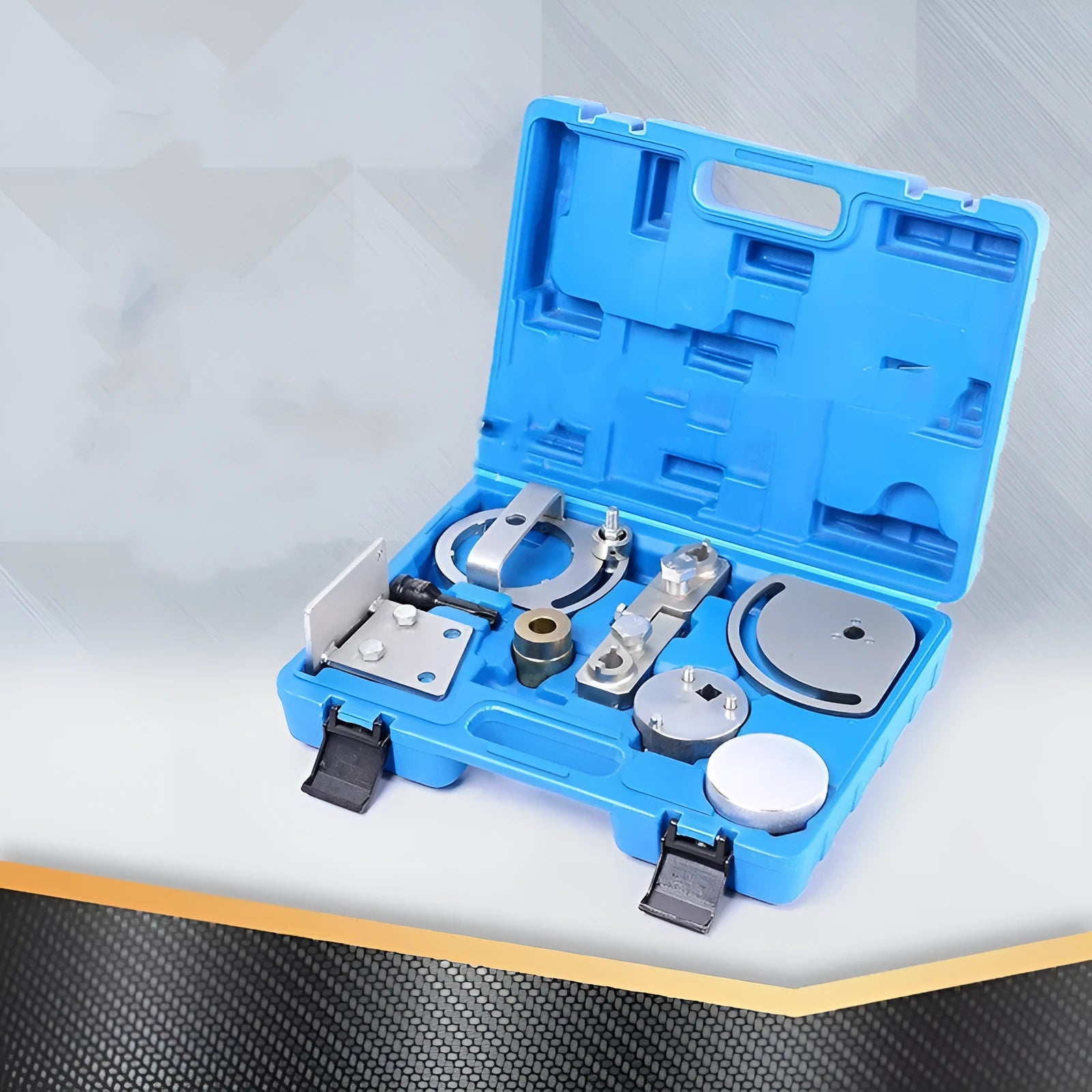 Volvo engine timing tool set comprising eight carbon steel alignment tools on a blue background.