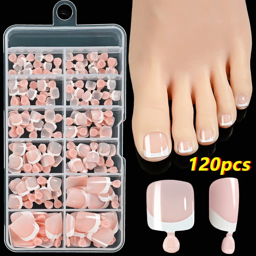 120 French white edge full square short nude nail pieces in a box, showing multiple shades.