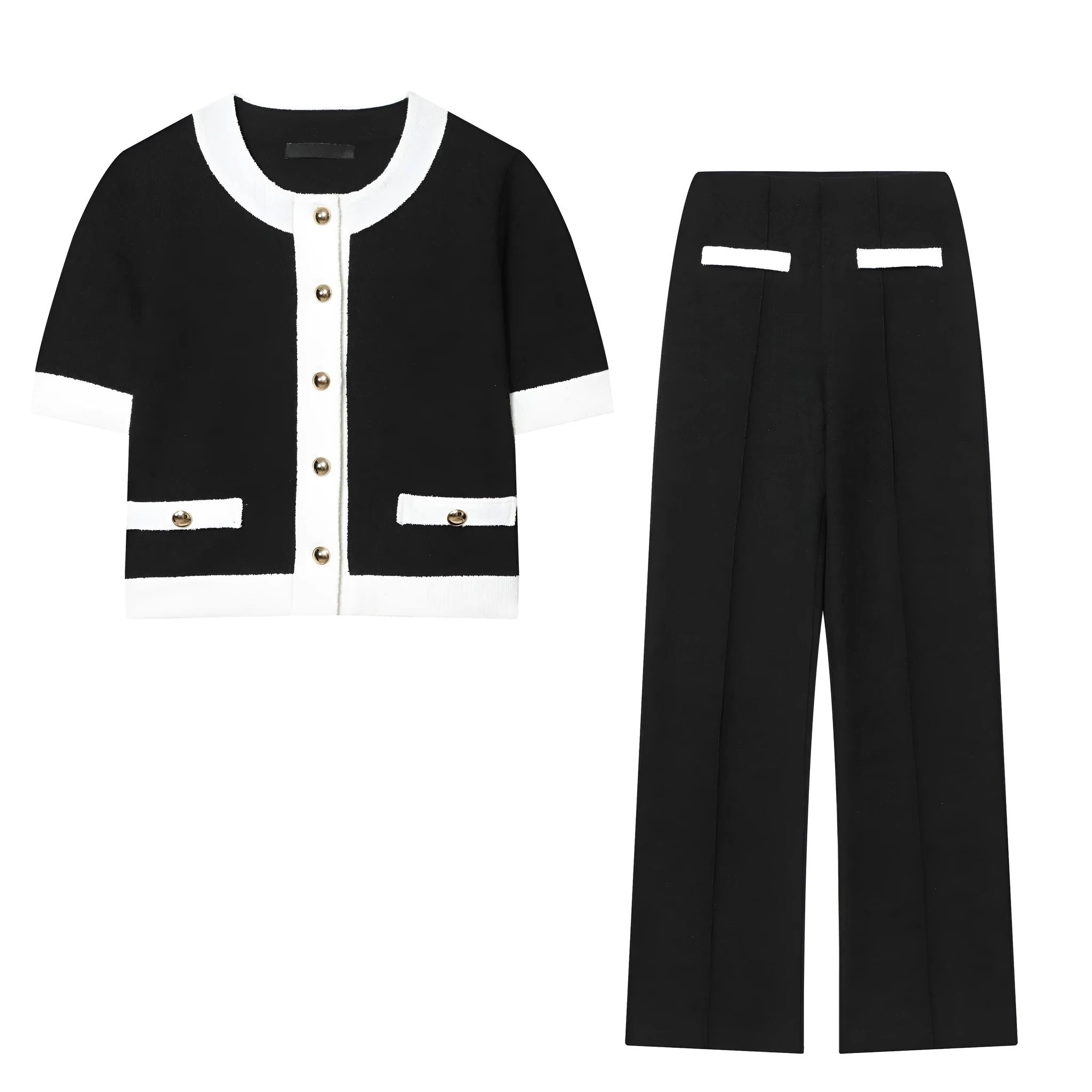 Women's beaded leather-look top and high-waisted stretch trousers co-ord set in polyester.