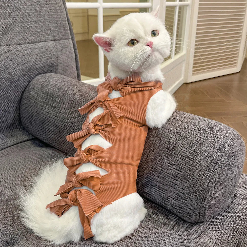 Lace-up polyester cat recovery suit in blue colour, shown on a cat model.