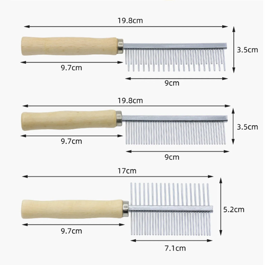 Wooden handle pet grooming comb for dogs and cats showing three comb head variations