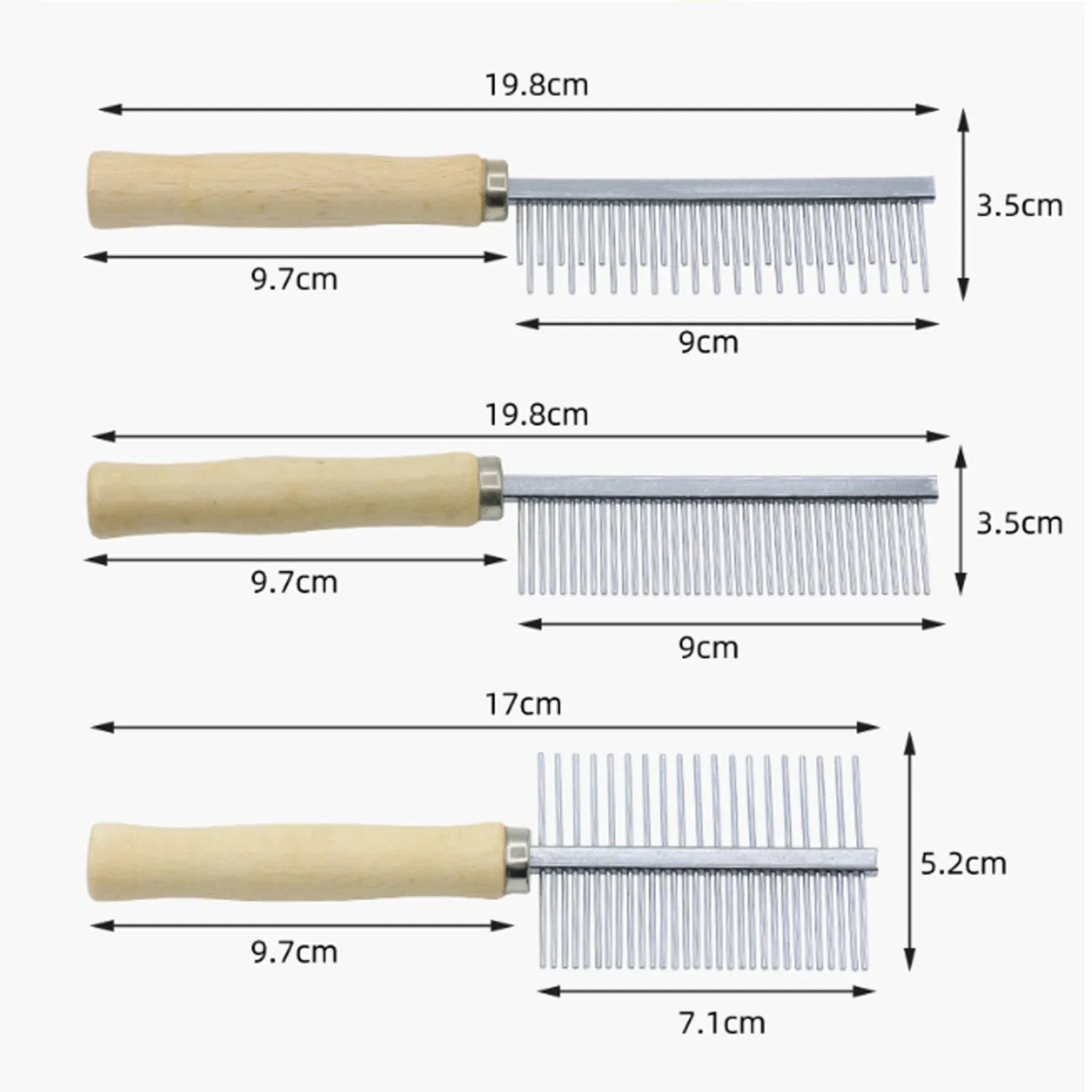 Wooden handle pet grooming comb for dogs and cats showing three comb head variations