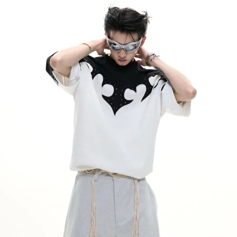 Men's red heavy cotton t-shirt with three-dimensional burnt flower rhinestone stitching and drop-shoulder sleeves