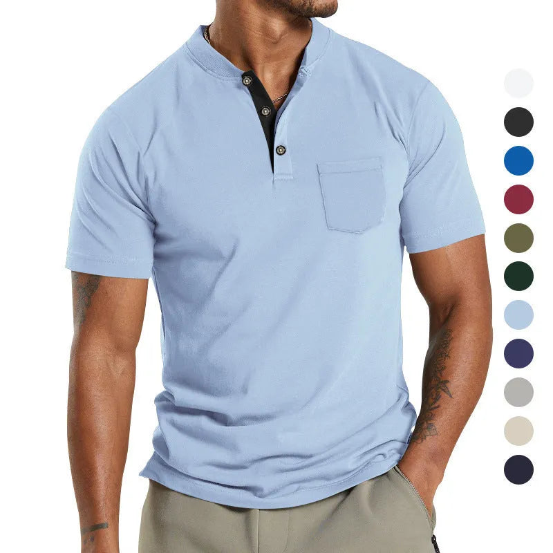 Plus size man modelling a solid colour short sleeve polyester shirt with a buttoned chest pocket.