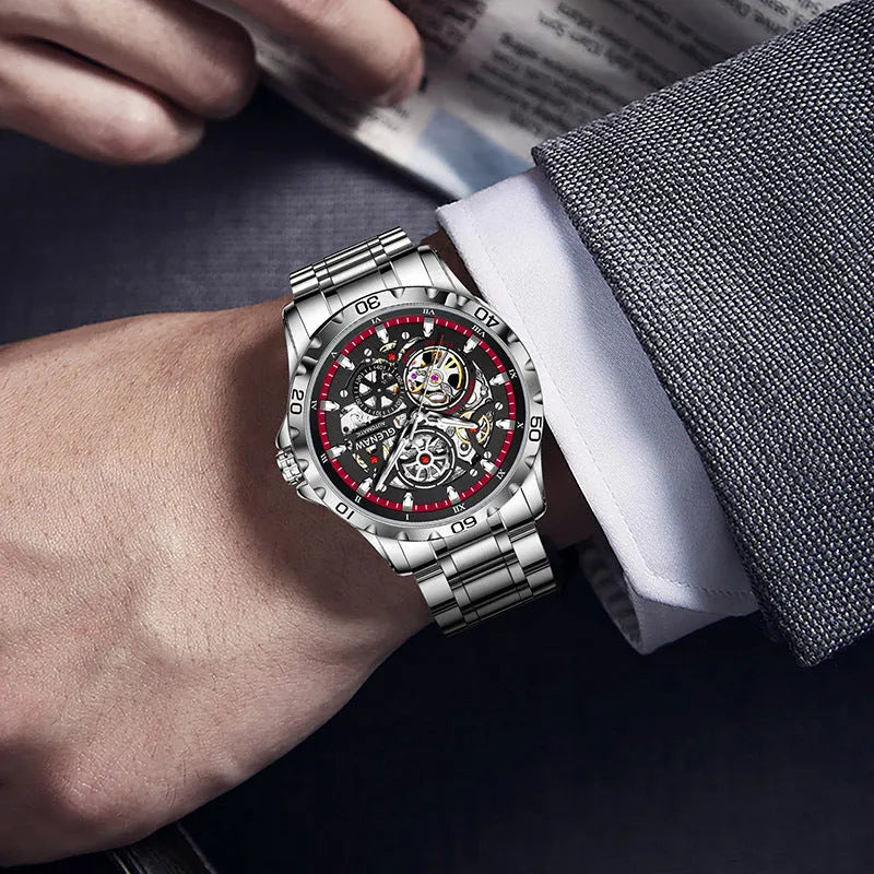 Men's automatic mechanical watch with hollow-out dial showing movement and luminous hands on stainless steel band