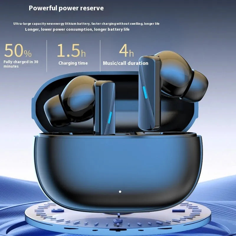 Wireless in-ear ANC Bluetooth headset in black, with earbud and charging accessory, on plain background