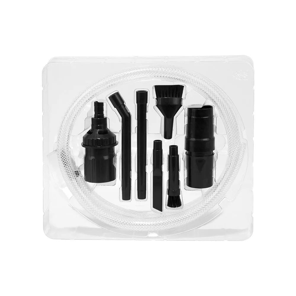 Eight-piece vacuum cleaner accessory set with small suction heads for detailed cleaning in compact rooms