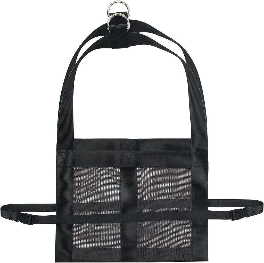 Large black calf sling for weighing and moving dogs and livestock, showing dimensions.